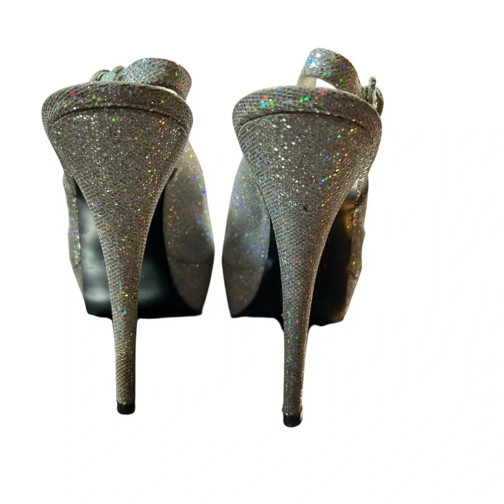 Stuart Weitzman Heels Silver Glitter Peep Toe Platform Slingback‎ US 10
